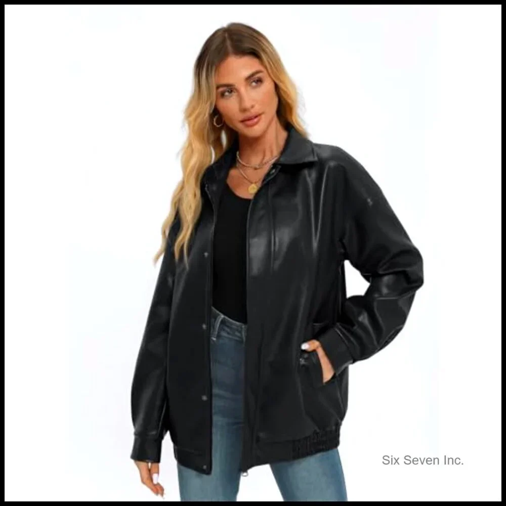 Oversized Faux Leather Biker Jacket Zip Up Motorcycle Style Y2K Trendy - Picture 2 of 5